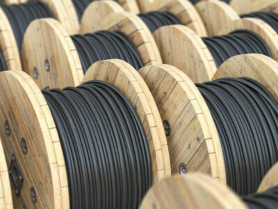 Warehouse with wooden coil  wire electric cable. 3d illustration